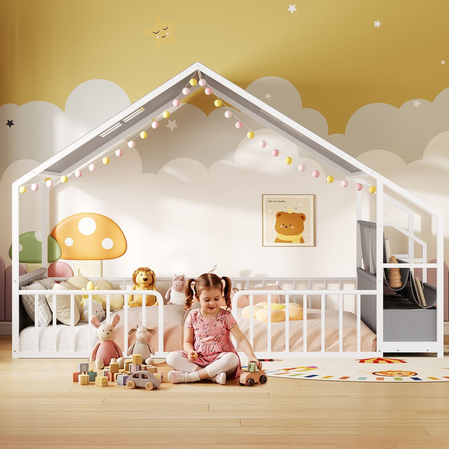 ADORNEVE House Shape Twin Size Floor Bed with Safety Guardrails  and Sling Bookshelves Montessori Floor Bed with Storage Drawers