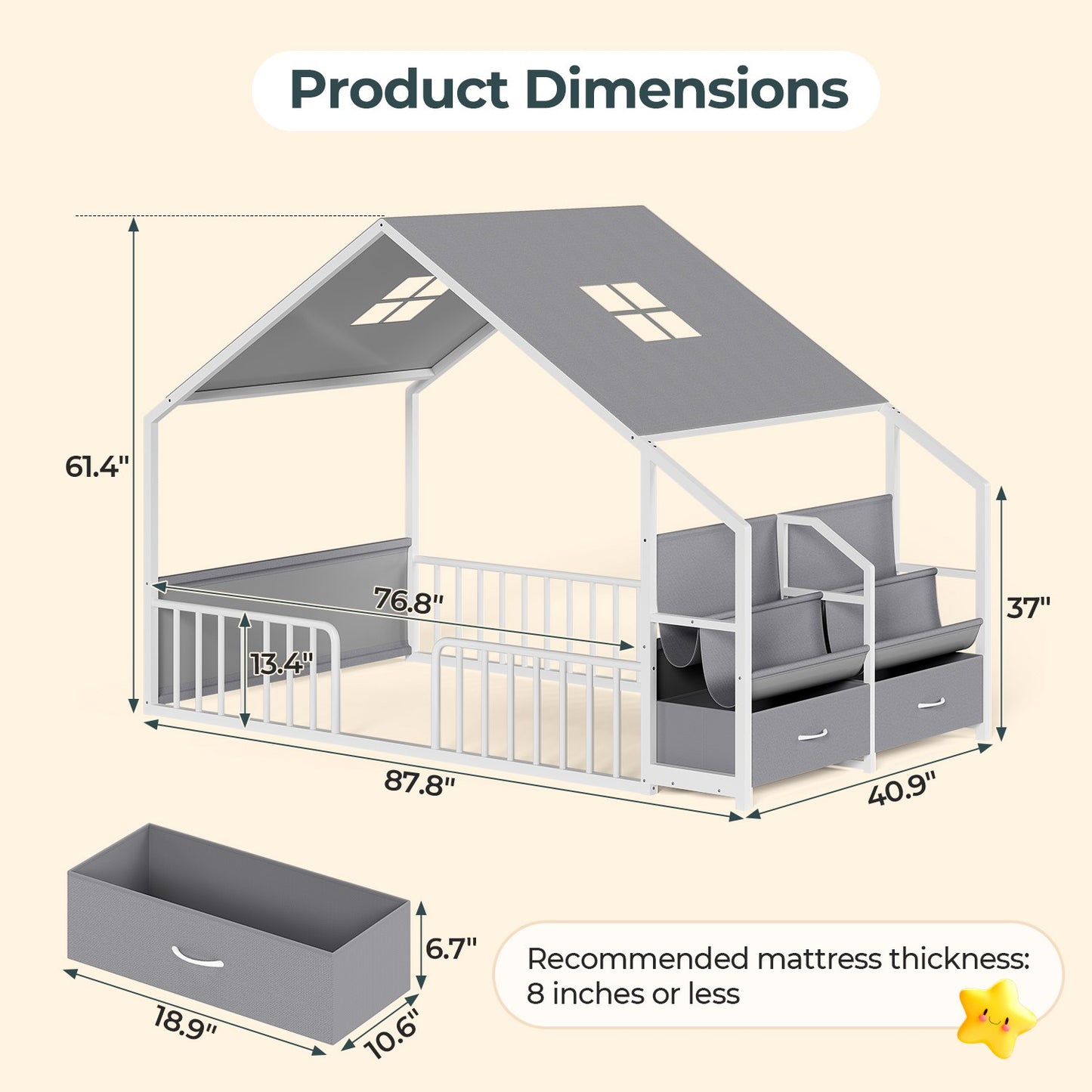 ADORNEVE House Shape Twin Size Floor Bed with Safety Guardrails  and Sling Bookshelves Montessori Floor Bed with Storage Drawers
