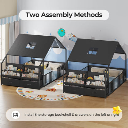 ADORNEVE Montessori Full Size Floor Bed with Sling Bookshelves and Storage Drawers Metal House Bed with Safety Guardrails for Bedroom