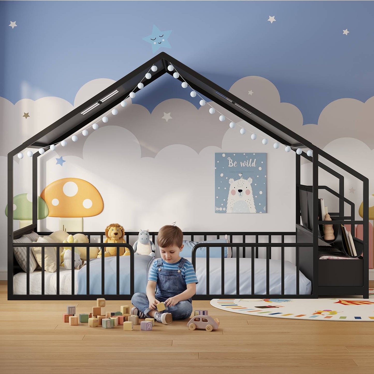 ADORNEVE Montessori Full Size Floor Bed with Sling Bookshelves and Storage Drawers Metal House Bed with Safety Guardrails for Bedroom