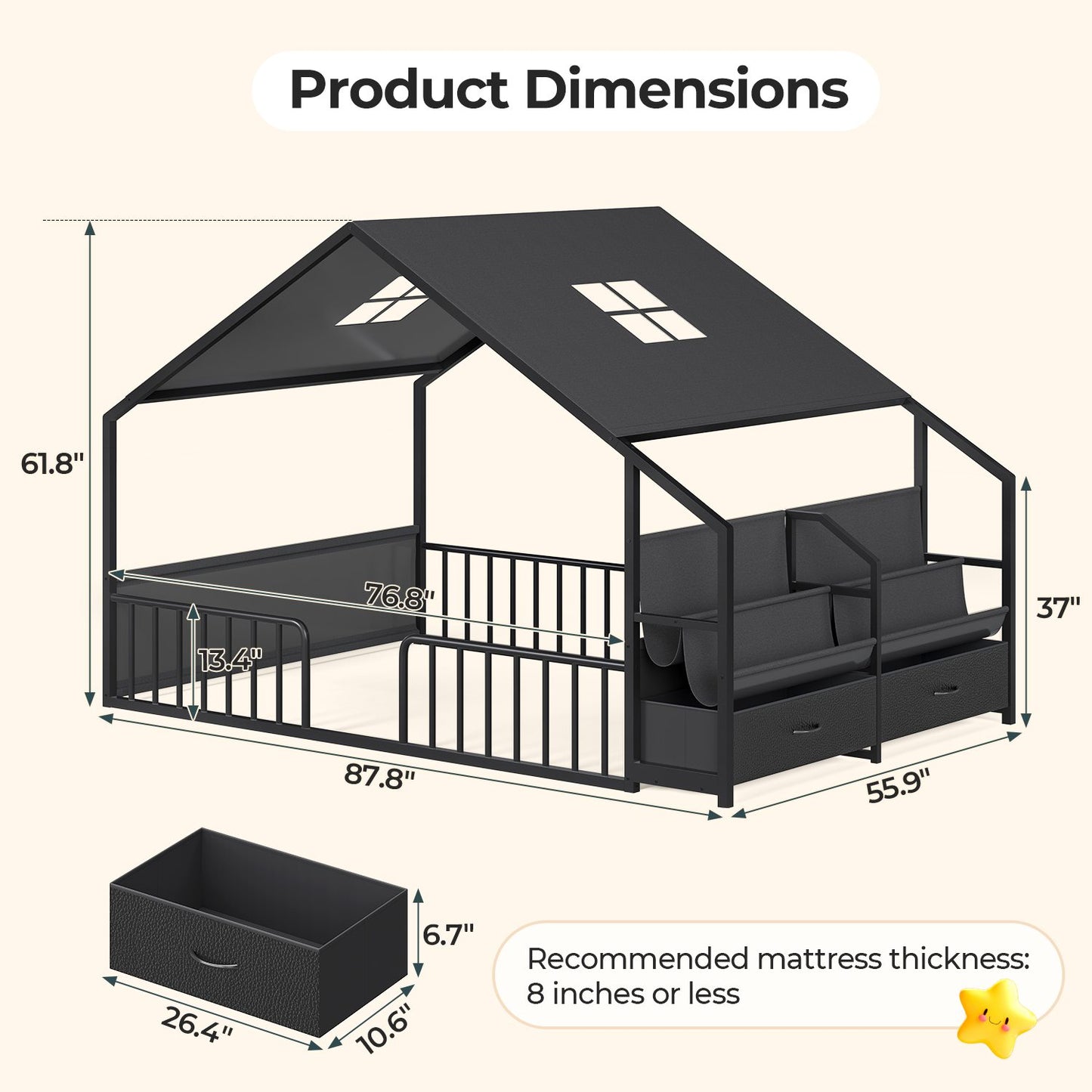ADORNEVE Montessori Full Size Floor Bed with Sling Bookshelves and Storage Drawers Metal House Bed with Safety Guardrails for Bedroom