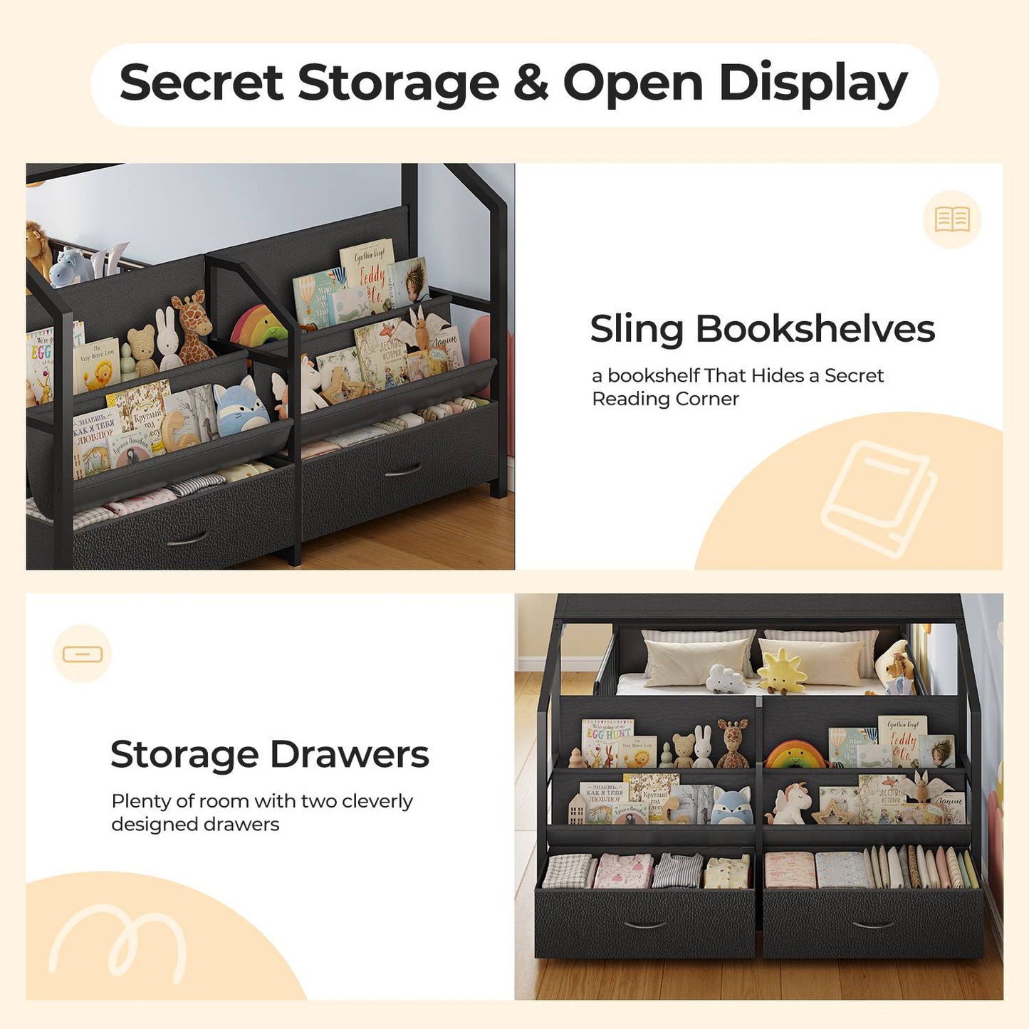 ADORNEVE Montessori Full Size Floor Bed with Sling Bookshelves and Storage Drawers Metal House Bed with Safety Guardrails for Bedroom