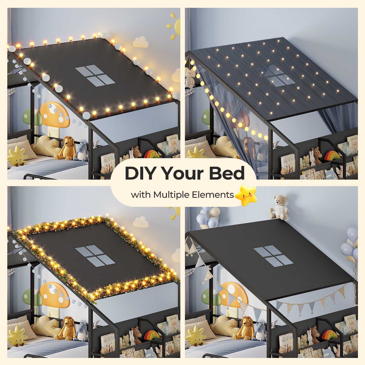 ADORNEVE Montessori Full Size Floor Bed with Sling Bookshelves and Storage Drawers Metal House Bed with Safety Guardrails for Bedroom