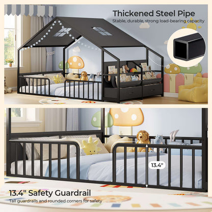 ADORNEVE Montessori Full Size Floor Bed with Sling Bookshelves and Storage Drawers Metal House Bed with Safety Guardrails for Bedroom