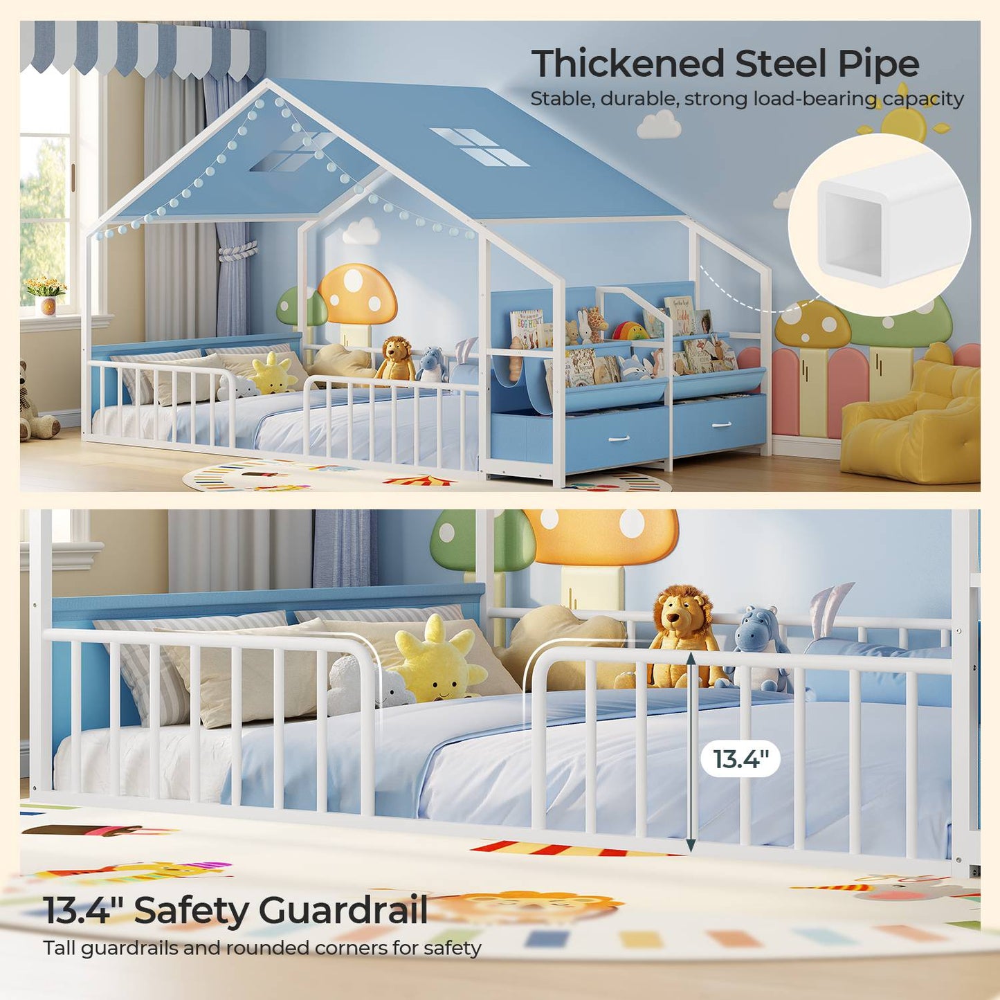 ADORNEVE Montessori Full Size Floor Bed with Sling Bookshelves and Storage Drawers Metal House Bed with Safety Guardrails for Bedroom