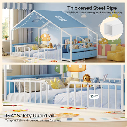ADORNEVE Montessori Full Size Floor Bed with Sling Bookshelves and Storage Drawers Metal House Bed with Safety Guardrails for Bedroom