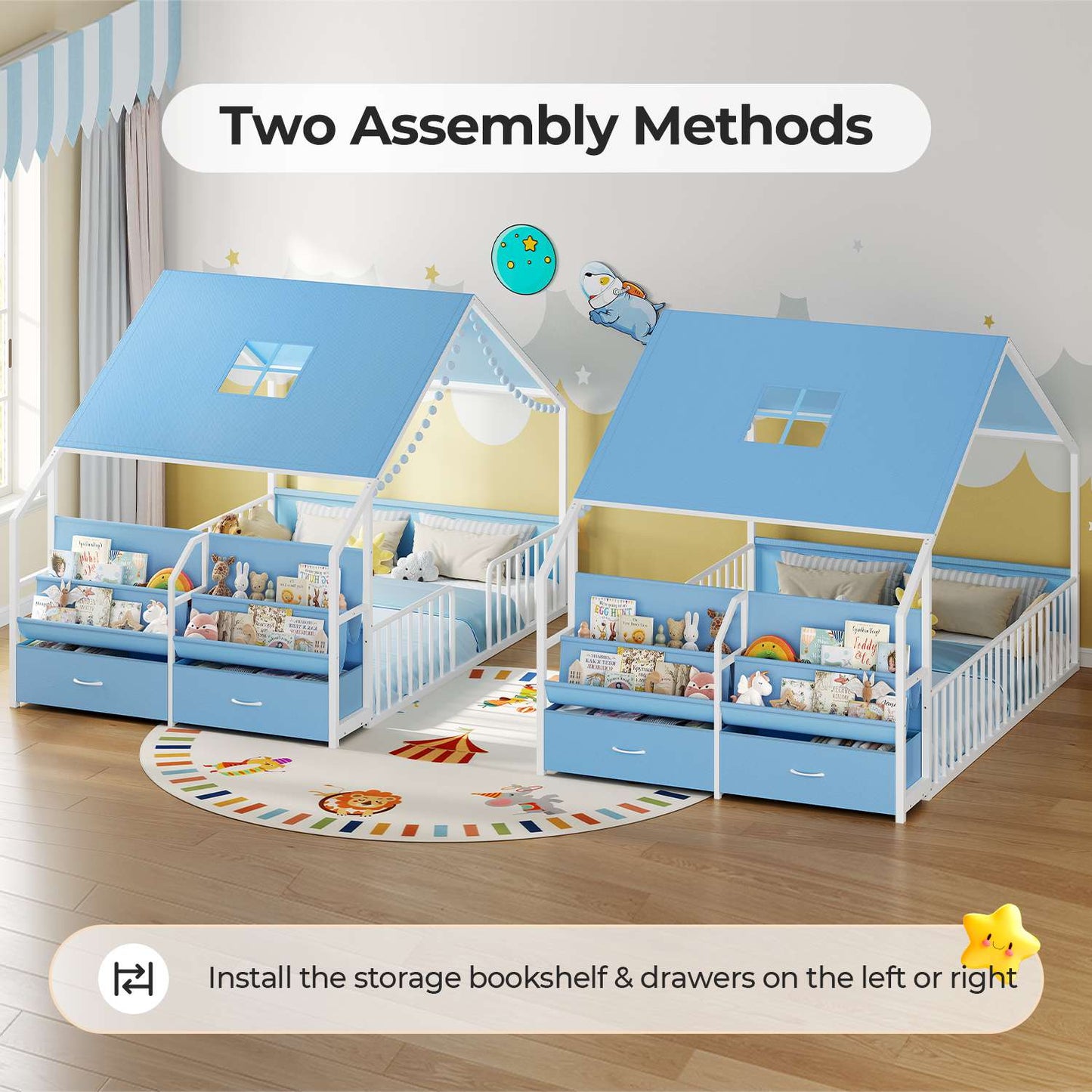 ADORNEVE Montessori Full Size Floor Bed with Sling Bookshelves and Storage Drawers Metal House Bed with Safety Guardrails for Bedroom