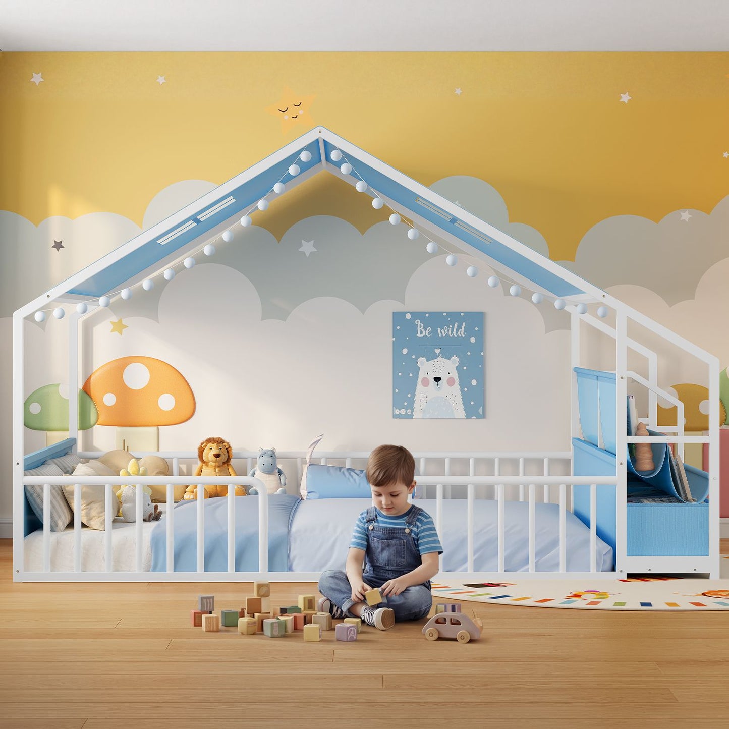 ADORNEVE Montessori Full Size Floor Bed with Sling Bookshelves and Storage Drawers Metal House Bed with Safety Guardrails for Bedroom