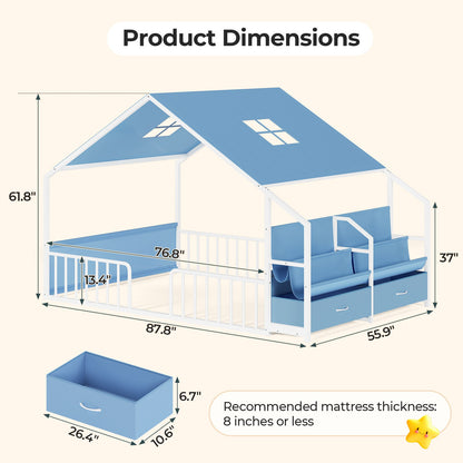 ADORNEVE Montessori Full Size Floor Bed with Sling Bookshelves and Storage Drawers Metal House Bed with Safety Guardrails for Bedroom