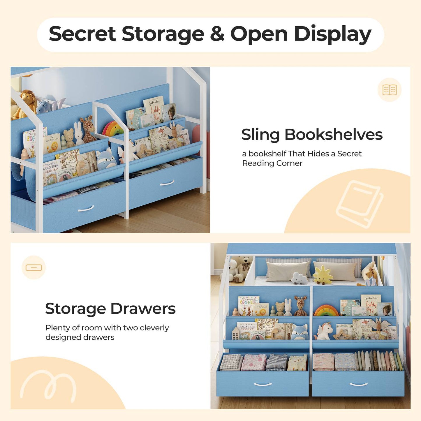 ADORNEVE Montessori Full Size Floor Bed with Sling Bookshelves and Storage Drawers Metal House Bed with Safety Guardrails for Bedroom