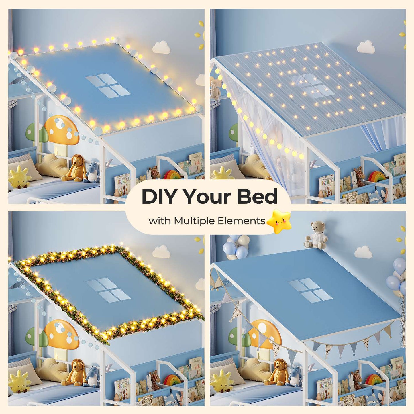 ADORNEVE Montessori Full Size Floor Bed with Sling Bookshelves and Storage Drawers Metal House Bed with Safety Guardrails for Bedroom