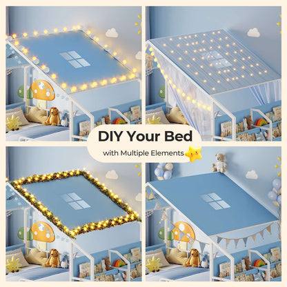 ADORNEVE Montessori Full Size Floor Bed with Sling Bookshelves and Storage Drawers Metal House Bed with Safety Guardrails for Bedroom