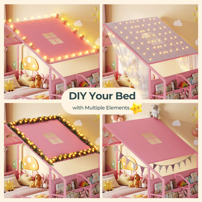 ADORNEVE Montessori Full Size Floor Bed with Sling Bookshelves and Storage Drawers Metal House Bed with Safety Guardrails for Bedroom