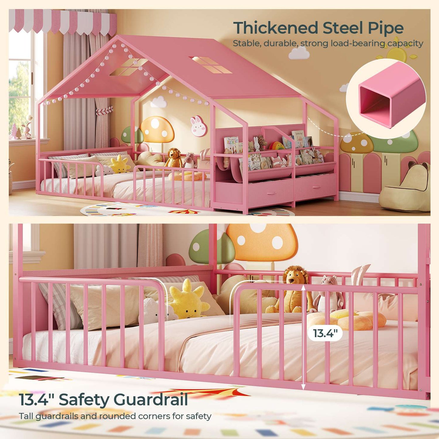 ADORNEVE Montessori Full Size Floor Bed with Sling Bookshelves and Storage Drawers Metal House Bed with Safety Guardrails for Bedroom