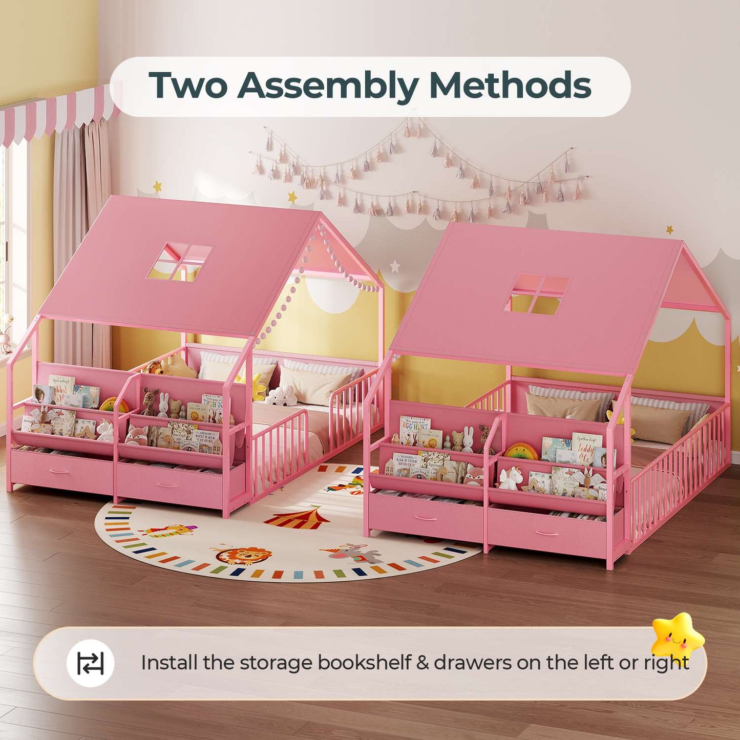 ADORNEVE Montessori Full Size Floor Bed with Sling Bookshelves and Storage Drawers Metal House Bed with Safety Guardrails for Bedroom