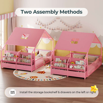 ADORNEVE Montessori Full Size Floor Bed with Sling Bookshelves and Storage Drawers Metal House Bed with Safety Guardrails for Bedroom