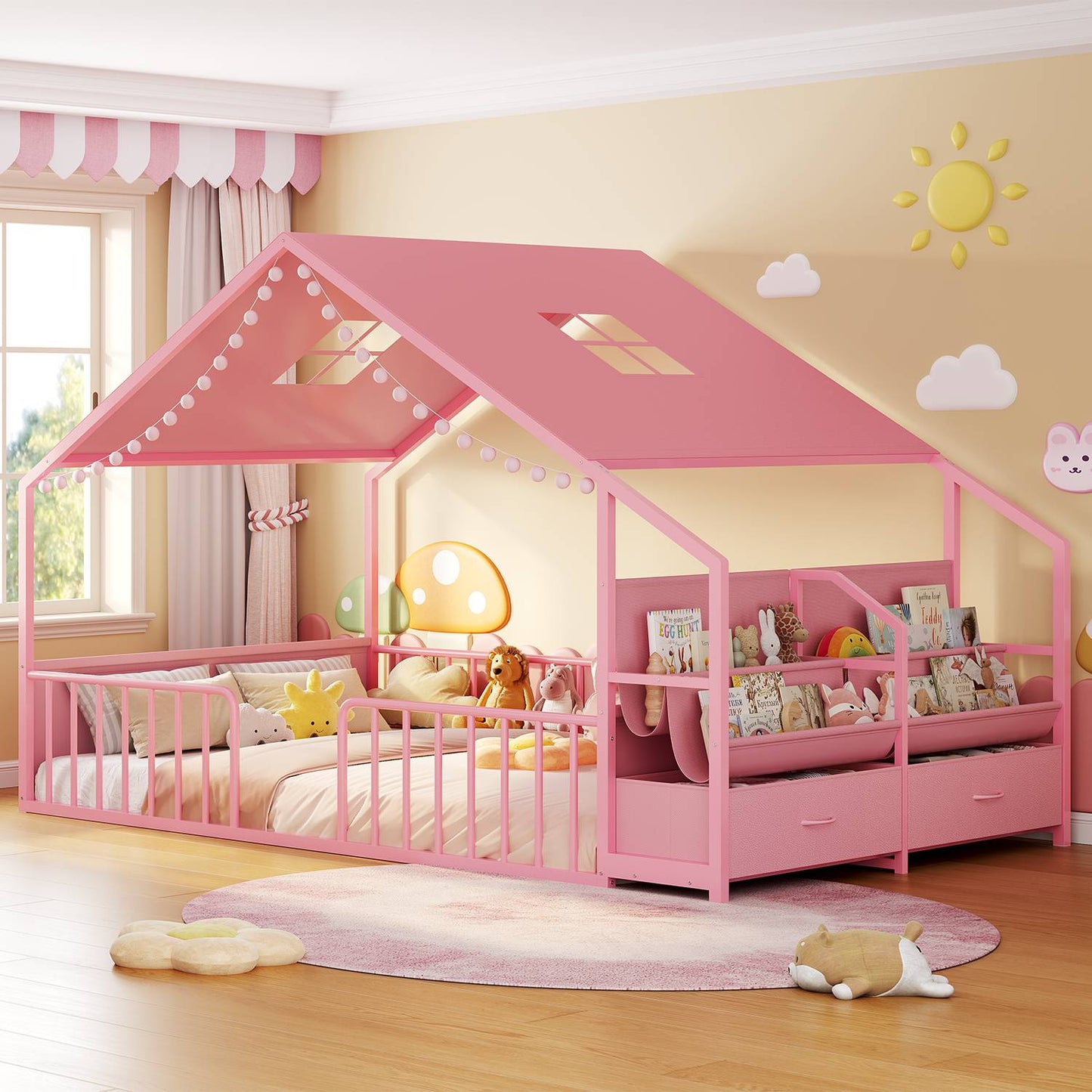 ADORNEVE Montessori Full Size Floor Bed with Sling Bookshelves and Storage Drawers Metal House Bed with Safety Guardrails for Bedroom