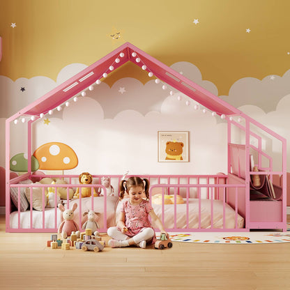 ADORNEVE Montessori Full Size Floor Bed with Sling Bookshelves and Storage Drawers Metal House Bed with Safety Guardrails for Bedroom