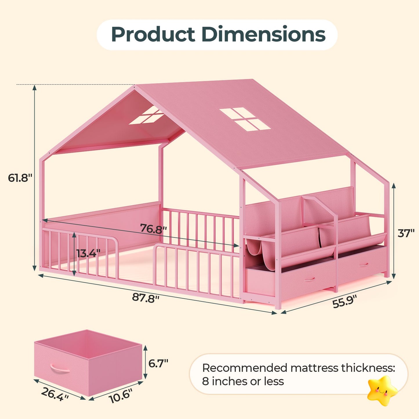 ADORNEVE Montessori Full Size Floor Bed with Sling Bookshelves and Storage Drawers Metal House Bed with Safety Guardrails for Bedroom