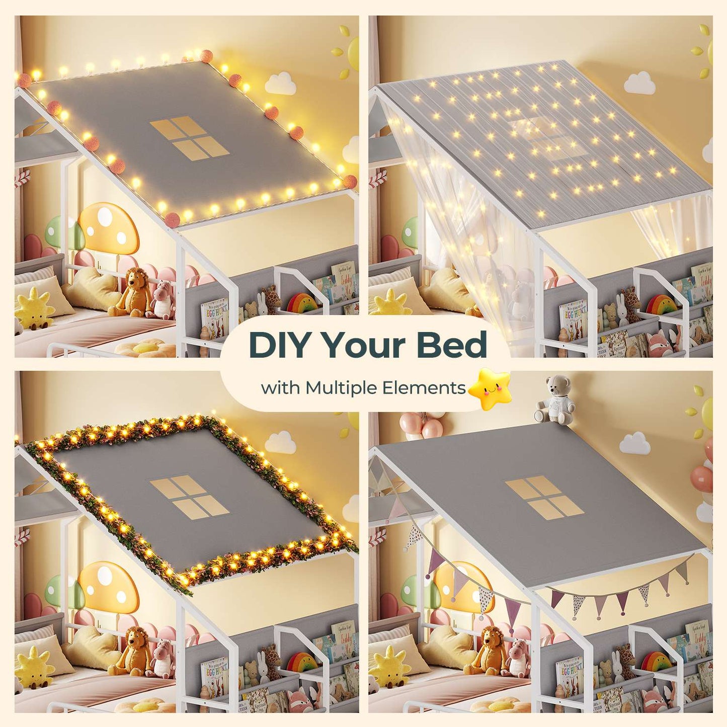 ADORNEVE Montessori Full Size Floor Bed with Sling Bookshelves and Storage Drawers Metal House Bed with Safety Guardrails for Bedroom