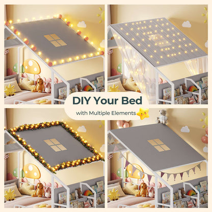 ADORNEVE Montessori Full Size Floor Bed with Sling Bookshelves and Storage Drawers Metal House Bed with Safety Guardrails for Bedroom