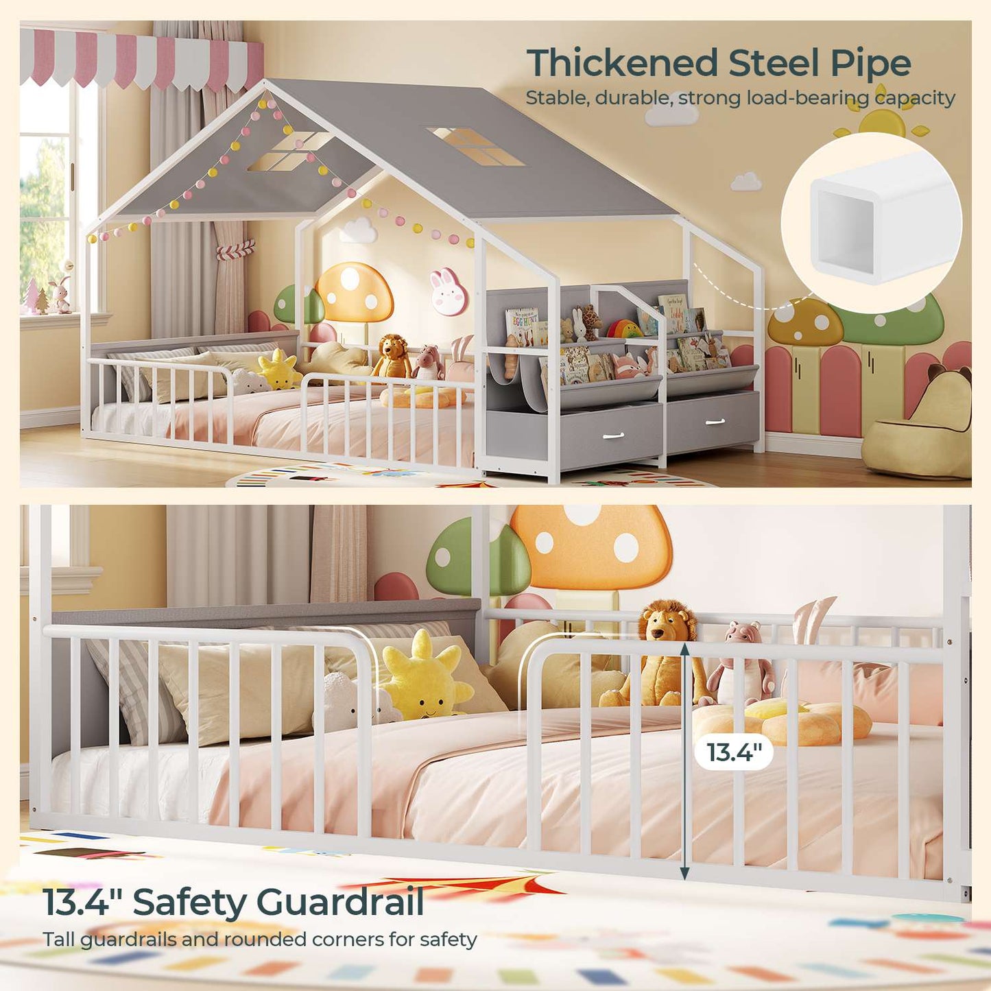 ADORNEVE Montessori Full Size Floor Bed with Sling Bookshelves and Storage Drawers Metal House Bed with Safety Guardrails for Bedroom