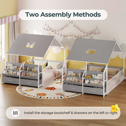 ADORNEVE Montessori Full Size Floor Bed with Sling Bookshelves and Storage Drawers Metal House Bed with Safety Guardrails for Bedroom