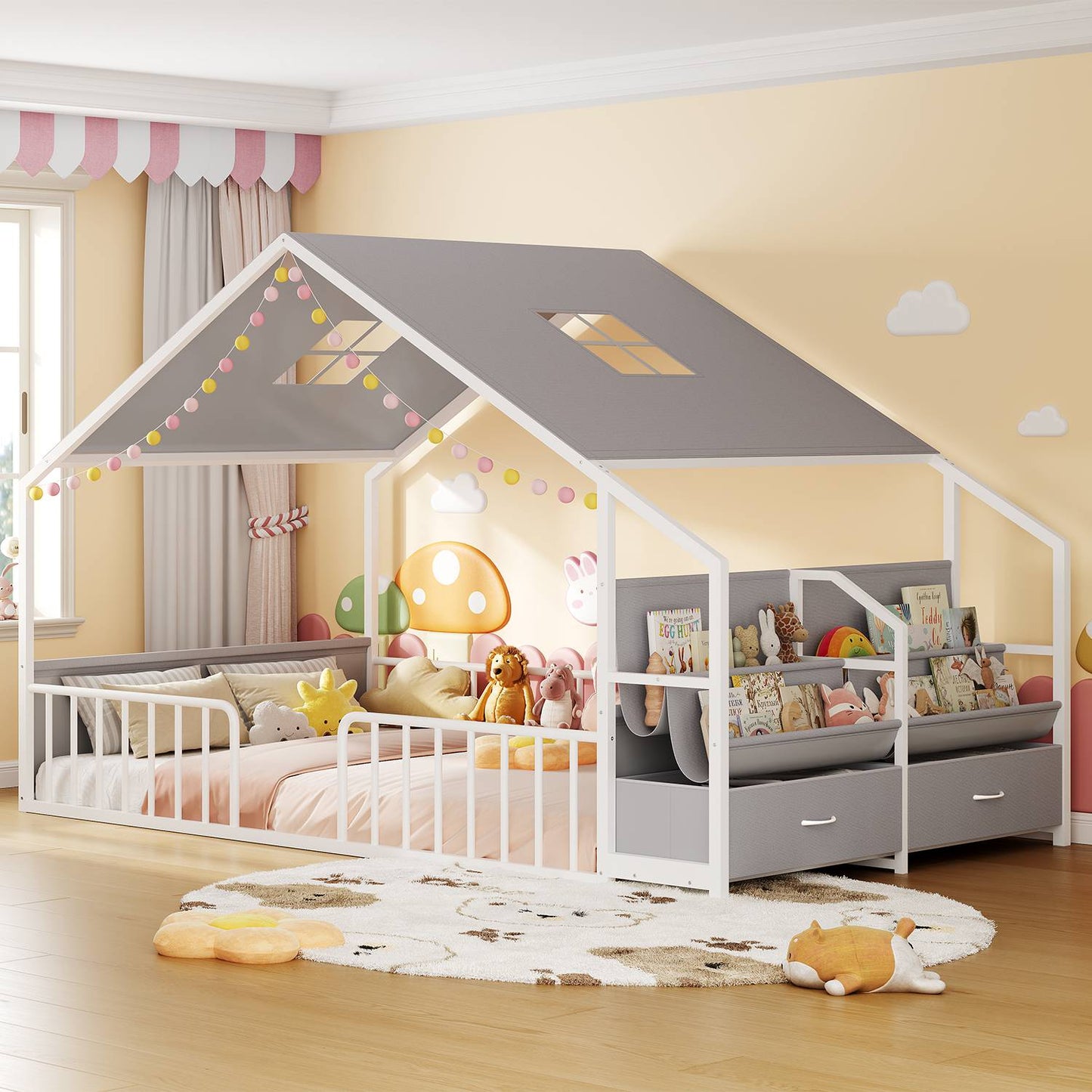 ADORNEVE Montessori Full Size Floor Bed with Sling Bookshelves and Storage Drawers Metal House Bed with Safety Guardrails for Bedroom