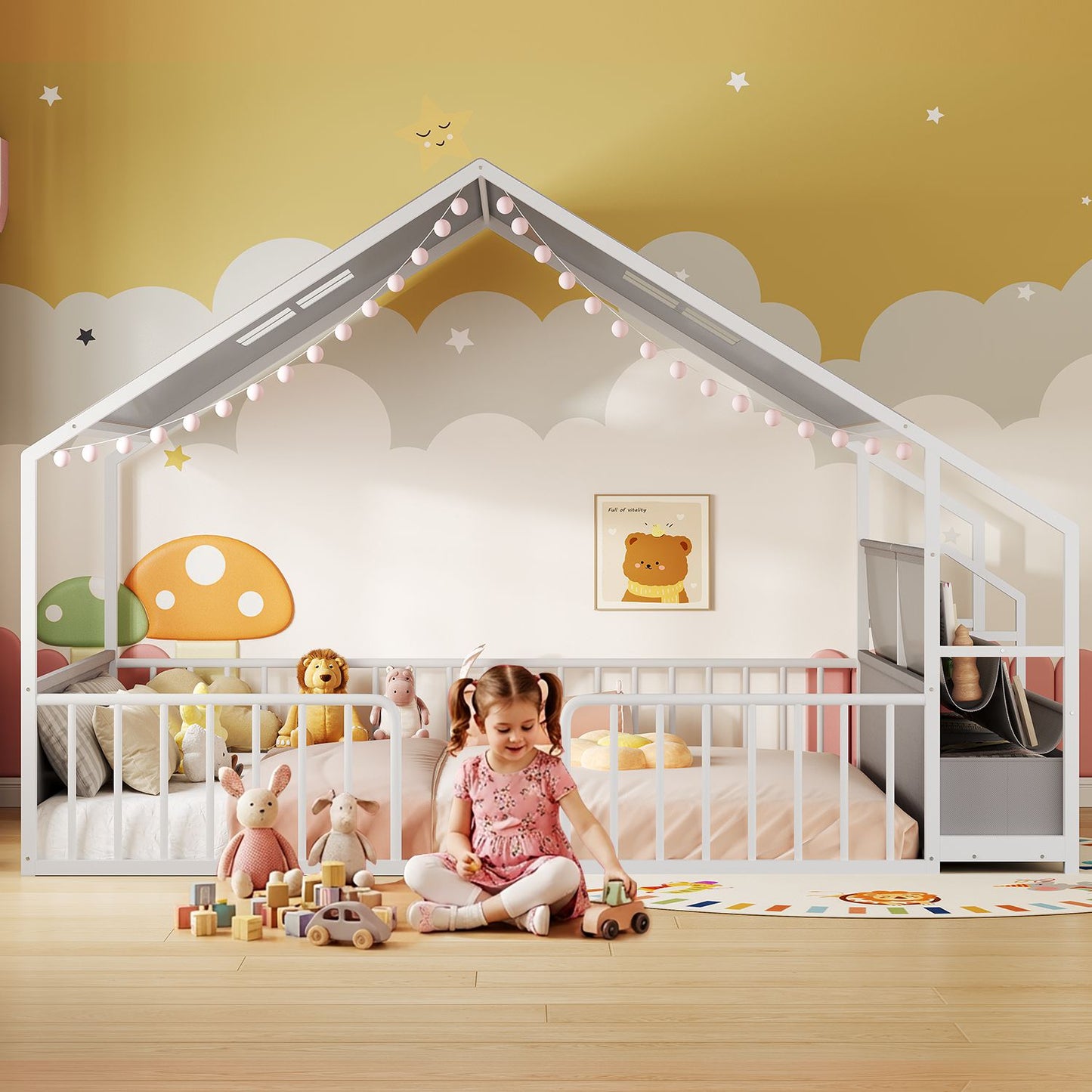 ADORNEVE Montessori Full Size Floor Bed with Sling Bookshelves and Storage Drawers Metal House Bed with Safety Guardrails for Bedroom