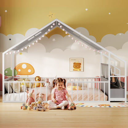 ADORNEVE Montessori Full Size Floor Bed with Sling Bookshelves and Storage Drawers Metal House Bed with Safety Guardrails for Bedroom