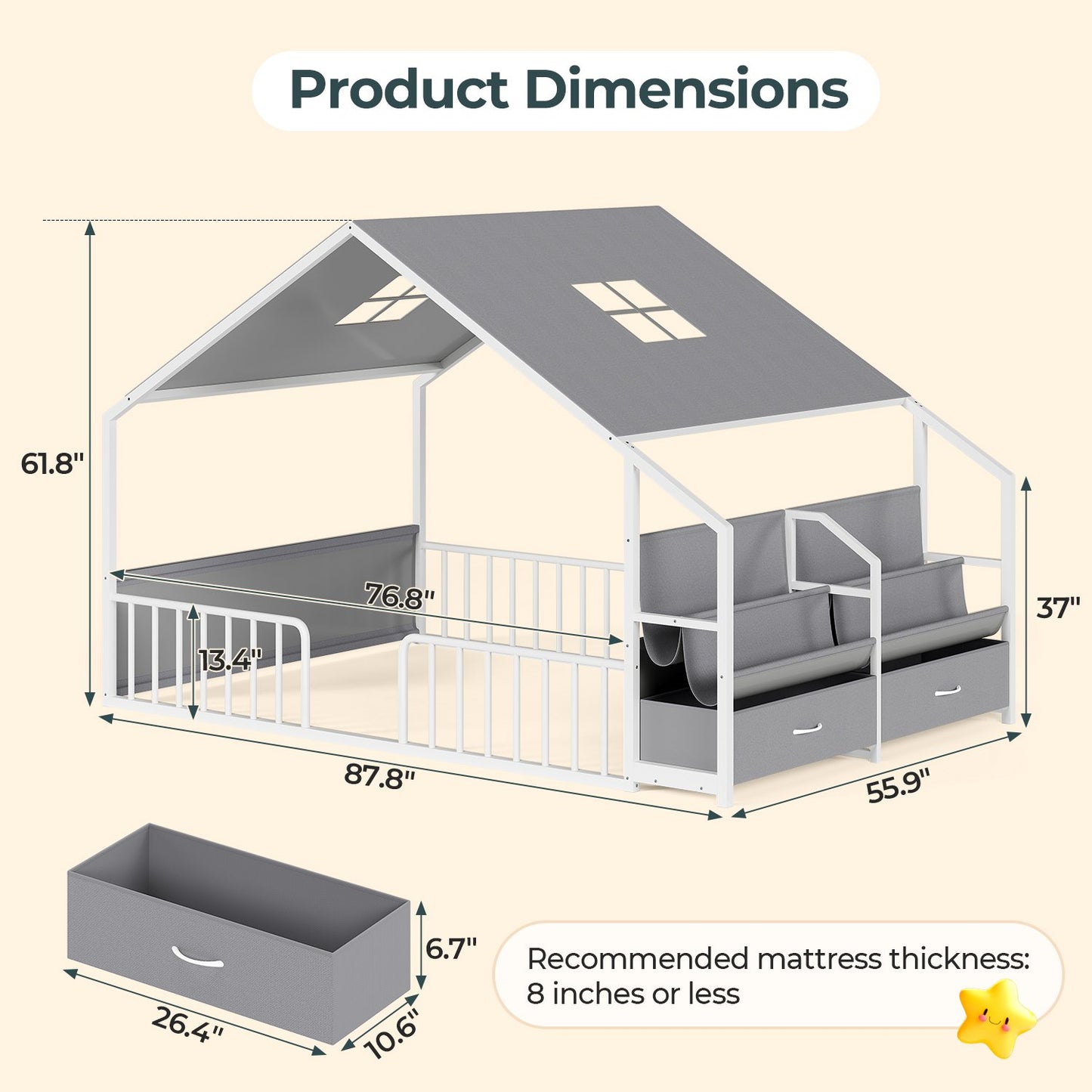 ADORNEVE Montessori Full Size Floor Bed with Sling Bookshelves and Storage Drawers Metal House Bed with Safety Guardrails for Bedroom