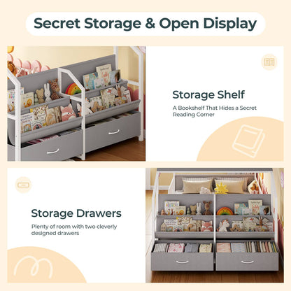 ADORNEVE Montessori Full Size Floor Bed with Sling Bookshelves and Storage Drawers Metal House Bed with Safety Guardrails for Bedroom