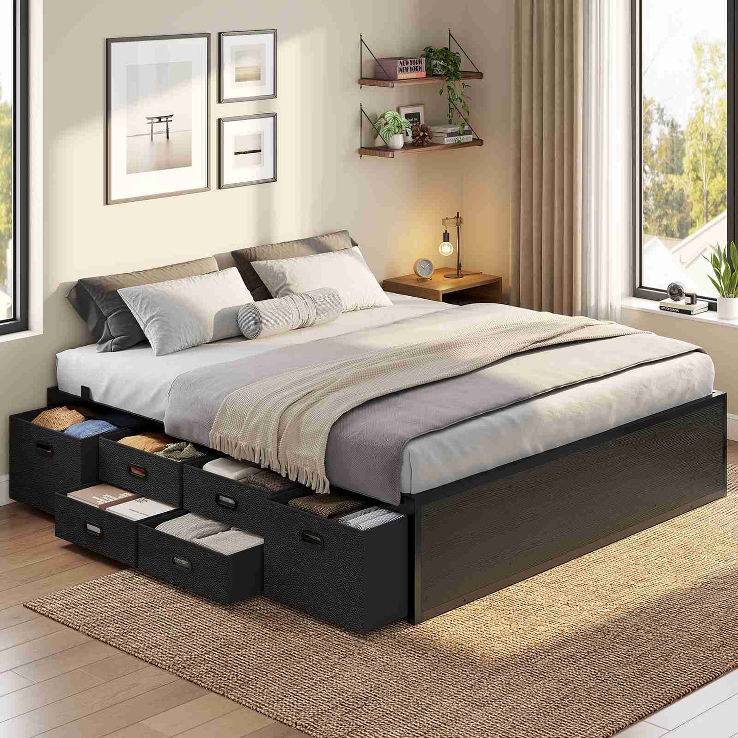 ADORNEVE Full Size Bed Frame with 6 Storage Drawers and Steel Slat Support Metal Platform Bed with Footboard and Storage Space Under Frame for Teen Adult
