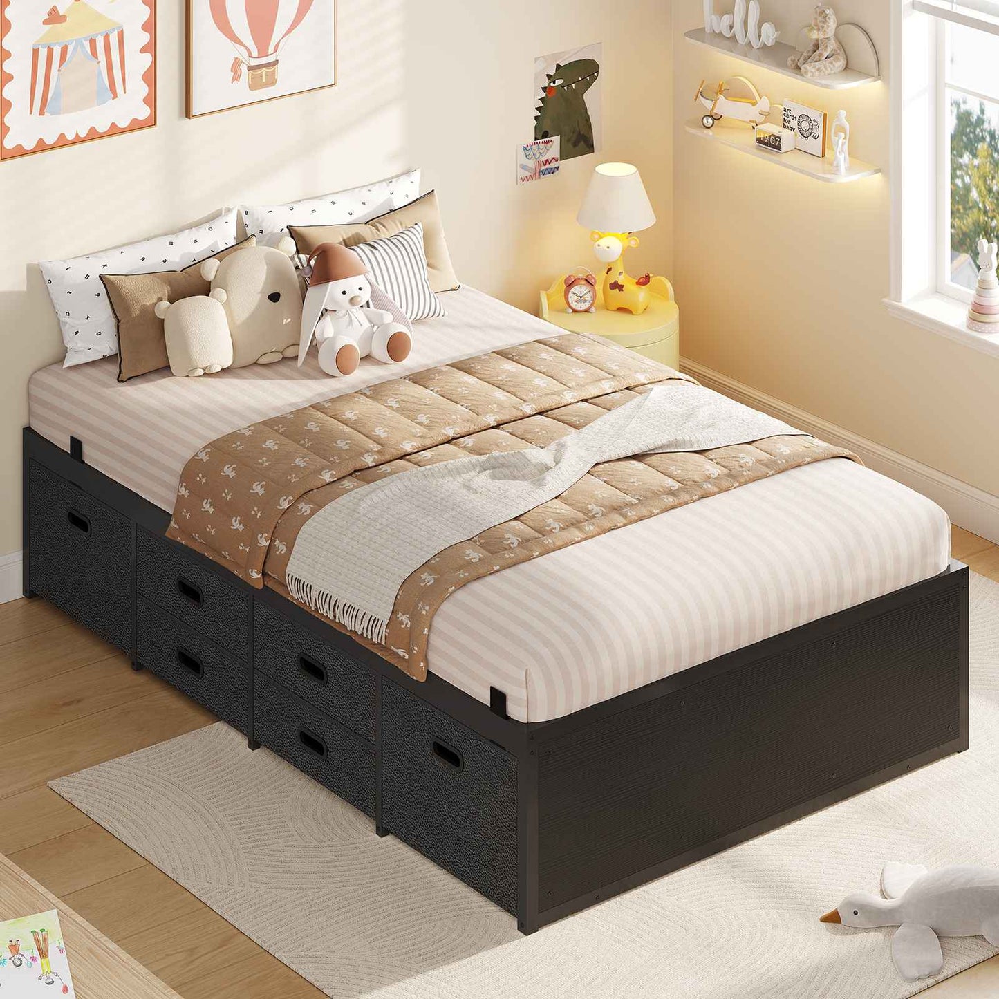 ADORNEVE Twin Bed Frames with 6 Storage Drawers and Under-Bed Storage Metal Bed Frame with Steel Slat Support and Footboard for Kids Teens