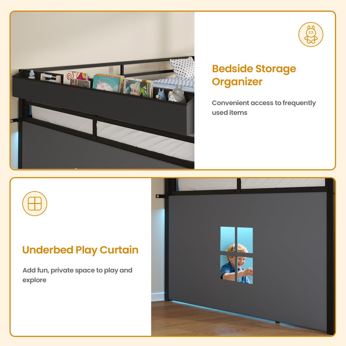 ADORNEVE Loft Bed Full Size with 7 Storage Drawers and Bookcase Kids LED Loft Bed with Safety Guardrail and Under-Bed Play Space Metal Loft Bed with Inclined Ladder and Play Curtain