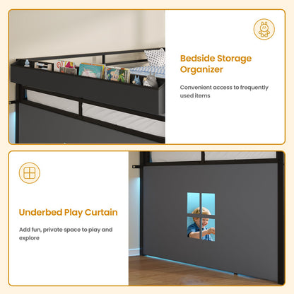 ADORNEVE Loft Bed Full Size with 7 Storage Drawers and Bookcase Kids LED Loft Bed with Safety Guardrail and Under-Bed Play Space Metal Loft Bed with Inclined Ladder and Play Curtain