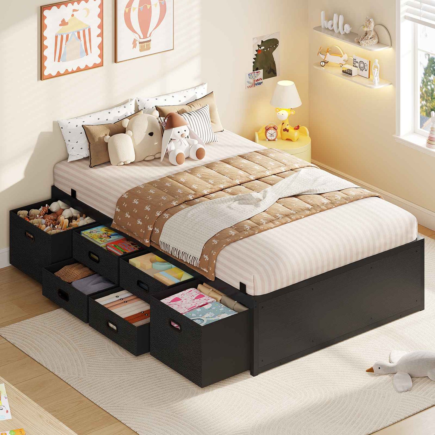 ADORNEVE Twin Bed Frames with 6 Storage Drawers and Under-Bed Storage Metal Bed Frame with Steel Slat Support and Footboard for Kids Teens