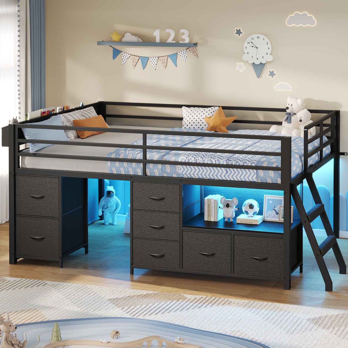 ADORNEVE Loft Bed Full Size with 7 Storage Drawers and Bookcase Kids LED Loft Bed with Safety Guardrail and Under-Bed Play Space Metal Loft Bed with Inclined Ladder and Play Curtain