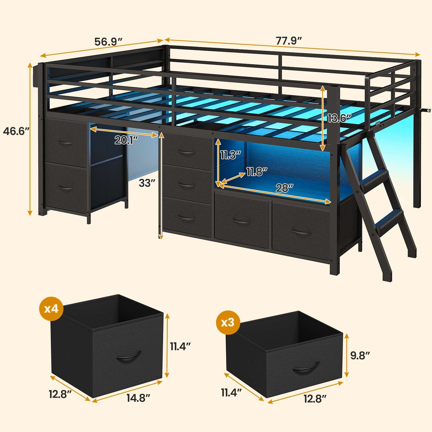 ADORNEVE Loft Bed Full Size with 7 Storage Drawers and Bookcase Kids LED Loft Bed with Safety Guardrail and Under-Bed Play Space Metal Loft Bed with Inclined Ladder and Play Curtain
