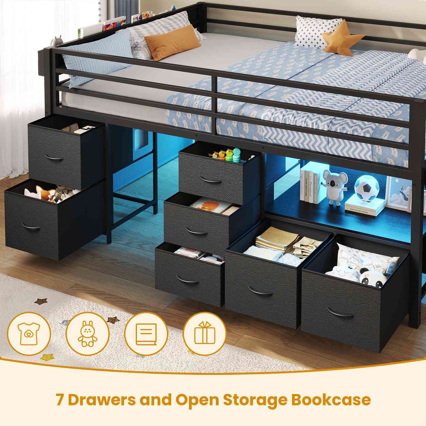 ADORNEVE Loft Bed Full Size with 7 Storage Drawers and Bookcase Kids LED Loft Bed with Safety Guardrail and Under-Bed Play Space Metal Loft Bed with Inclined Ladder and Play Curtain