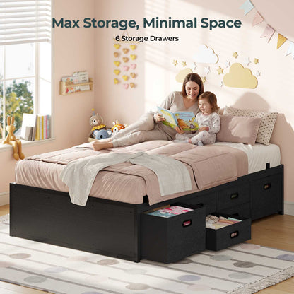 ADORNEVE Twin Bed Frames with 6 Storage Drawers and Under-Bed Storage Metal Bed Frame with Steel Slat Support and Footboard for Kids Teens
