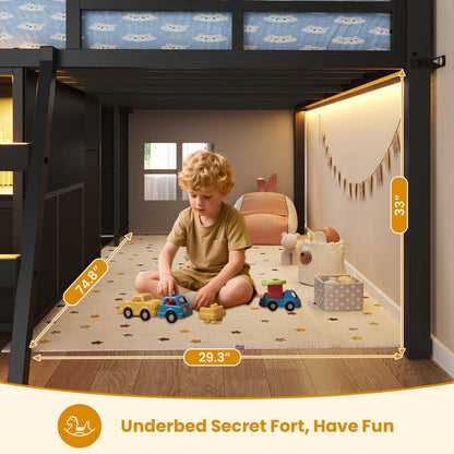 ADORNEVE Loft Bed Full Size with 7 Storage Drawers and Bookcase Kids LED Loft Bed with Safety Guardrail and Under-Bed Play Space Metal Loft Bed with Inclined Ladder and Play Curtain