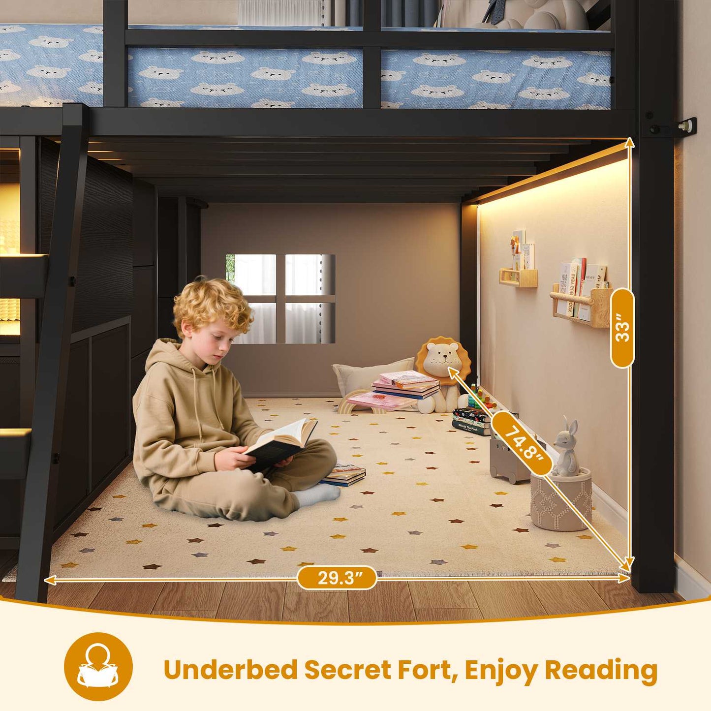 ADORNEVE Loft Bed Full Size with 7 Storage Drawers and Bookcase Kids LED Loft Bed with Safety Guardrail and Under-Bed Play Space Metal Loft Bed with Inclined Ladder and Play Curtain