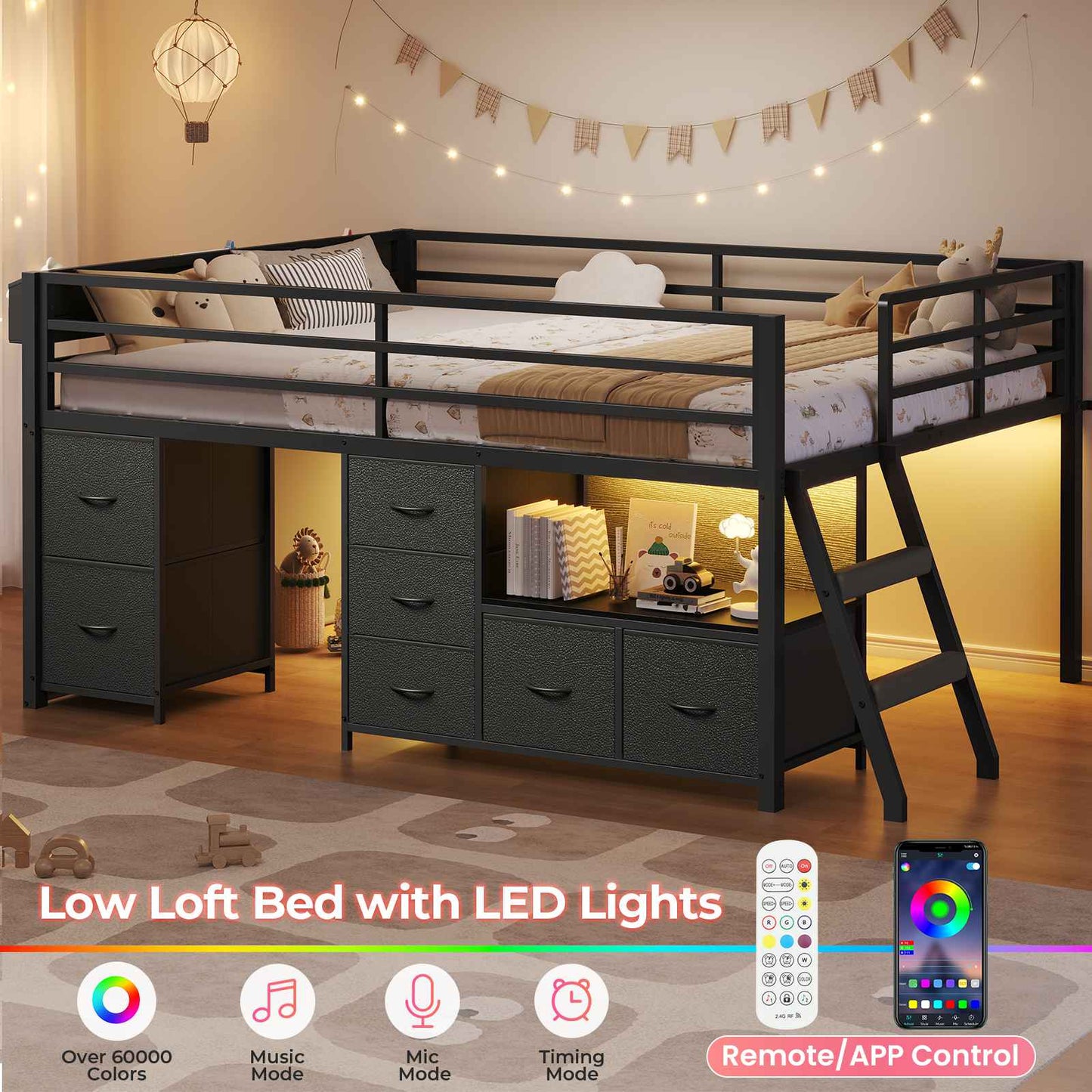 ADORNEVE Loft Bed Full Size with 7 Storage Drawers and Bookcase Kids LED Loft Bed with Safety Guardrail and Under-Bed Play Space Metal Loft Bed with Inclined Ladder and Play Curtain