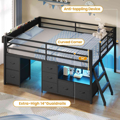 ADORNEVE Loft Bed Full Size with 7 Storage Drawers and Bookcase Kids LED Loft Bed with Safety Guardrail and Under-Bed Play Space Metal Loft Bed with Inclined Ladder and Play Curtain