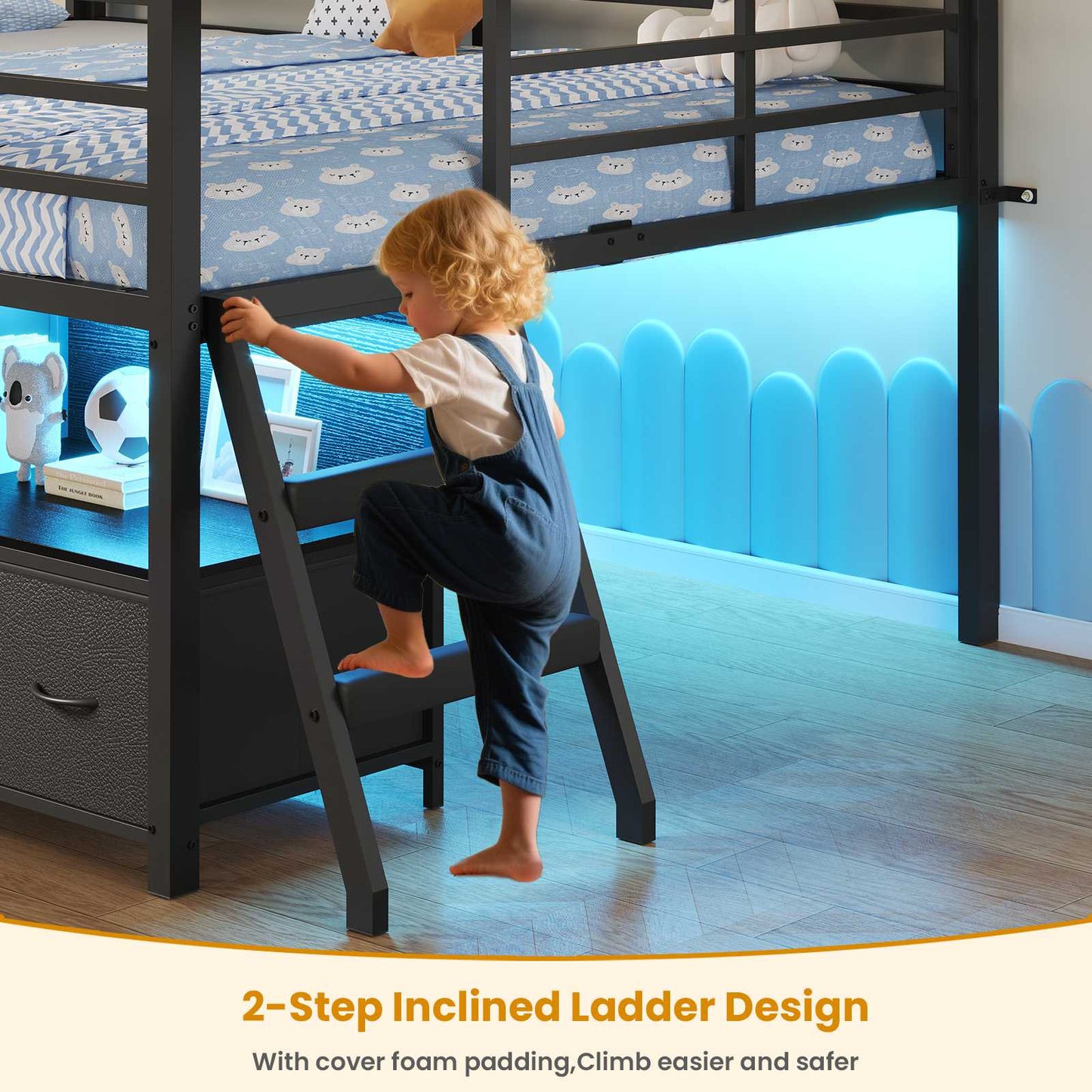 ADORNEVE Loft Bed Full Size with 7 Storage Drawers and Bookcase Kids LED Loft Bed with Safety Guardrail and Under-Bed Play Space Metal Loft Bed with Inclined Ladder and Play Curtain