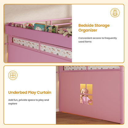 ADORNEVE Loft Bed Full Size with 7 Storage Drawers and Bookcase Kids LED Loft Bed with Safety Guardrail and Under-Bed Play Space Metal Loft Bed with Inclined Ladder and Play Curtain
