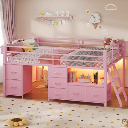 ADORNEVE Loft Bed Full Size with 7 Storage Drawers and Bookcase Kids LED Loft Bed with Safety Guardrail and Under-Bed Play Space Metal Loft Bed with Inclined Ladder and Play Curtain