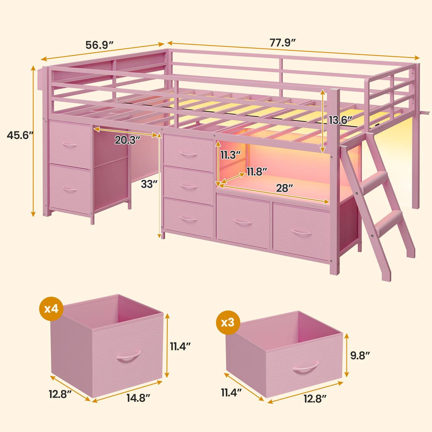 ADORNEVE Loft Bed Full Size with 7 Storage Drawers and Bookcase Kids LED Loft Bed with Safety Guardrail and Under-Bed Play Space Metal Loft Bed with Inclined Ladder and Play Curtain