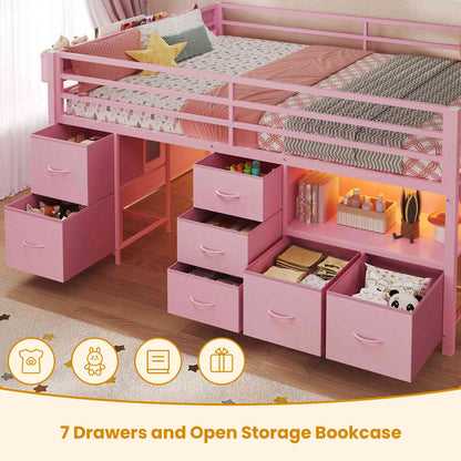 ADORNEVE Loft Bed Full Size with 7 Storage Drawers and Bookcase Kids LED Loft Bed with Safety Guardrail and Under-Bed Play Space Metal Loft Bed with Inclined Ladder and Play Curtain